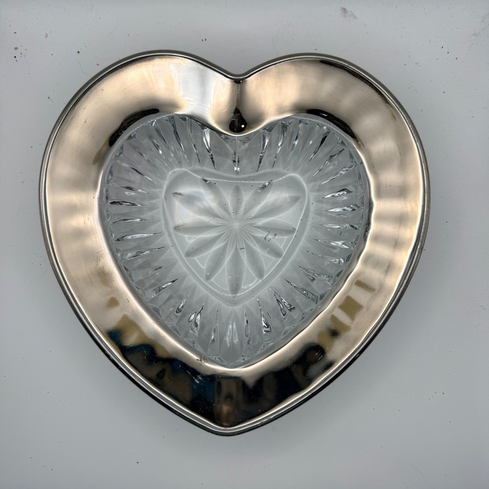 Vintage Mikasa Desire Heart Crystal Candy Bowl Silver Rim Trinket Dish